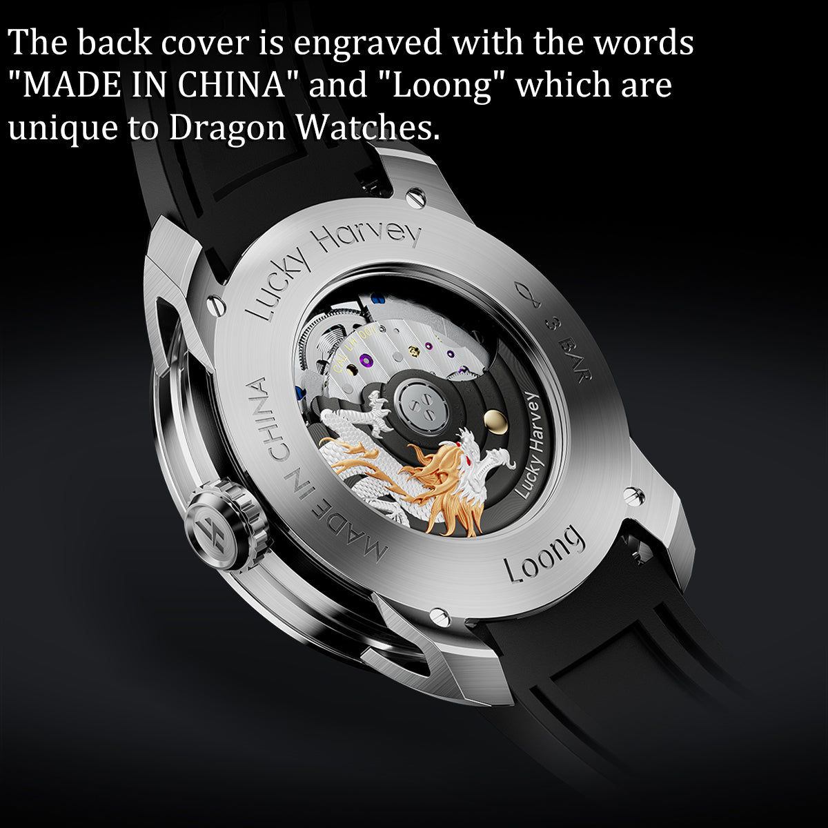 Lucky Harvey ZLS202-4 dragon automatic watch caseback engraved with Loong and Made in China
