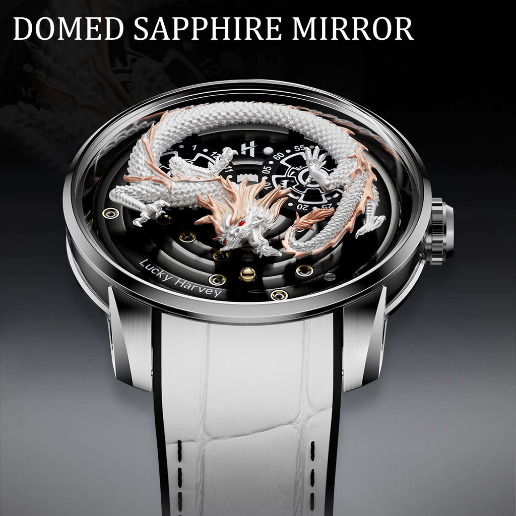 Lucky Harvey ZLS202-4 dragon automatic watch side profile highlighting domed sapphire mirror crystal