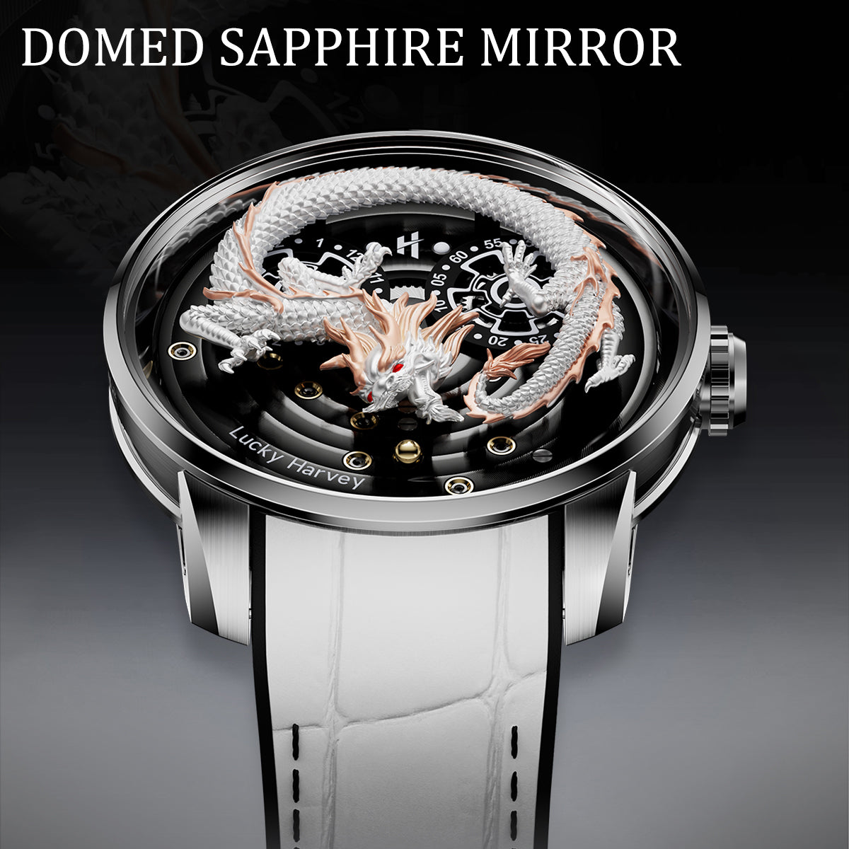 Lucky Harvey ZLS202-4 dragon automatic watch side profile highlighting domed sapphire mirror crystal
