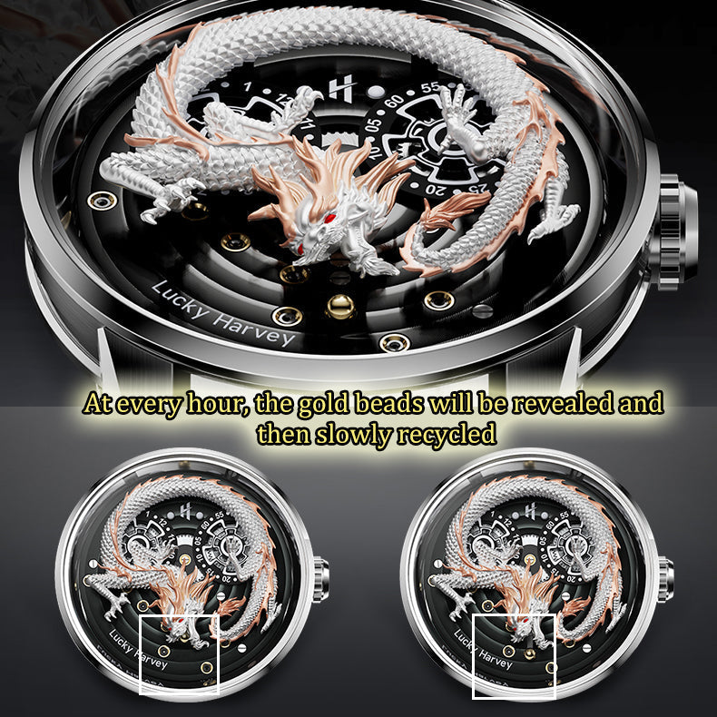 Lucky Harvey ZLS202-4 dragon watch dial close-up showing hourly gold bead reveal mechanism