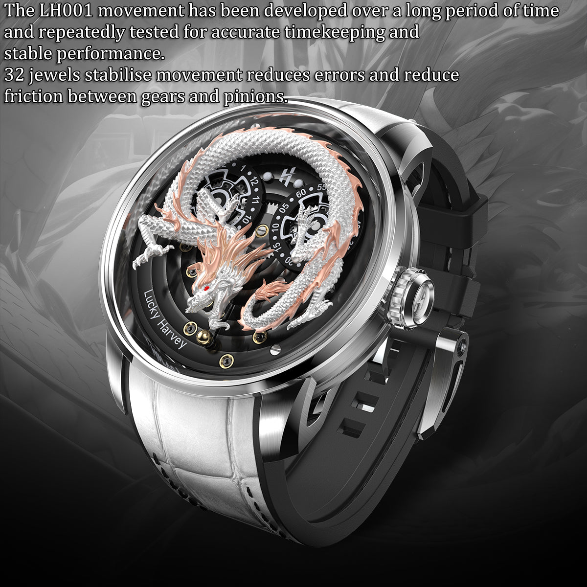 Lucky Harvey ZLS202-4 white dragon automatic watch with LH001 32-jewel movement description