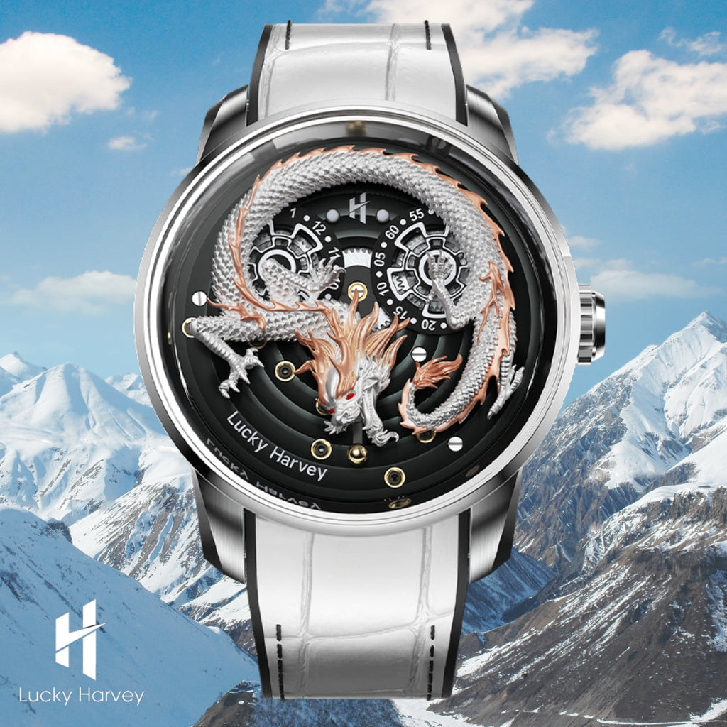 Lucky Harvey ZLS202-4 white dragon automatic watch shown against snowy mountain lifestyle scene