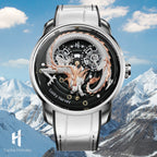 Lucky Harvey ZLS202-4 white dragon automatic watch shown against snowy mountain lifestyle scene