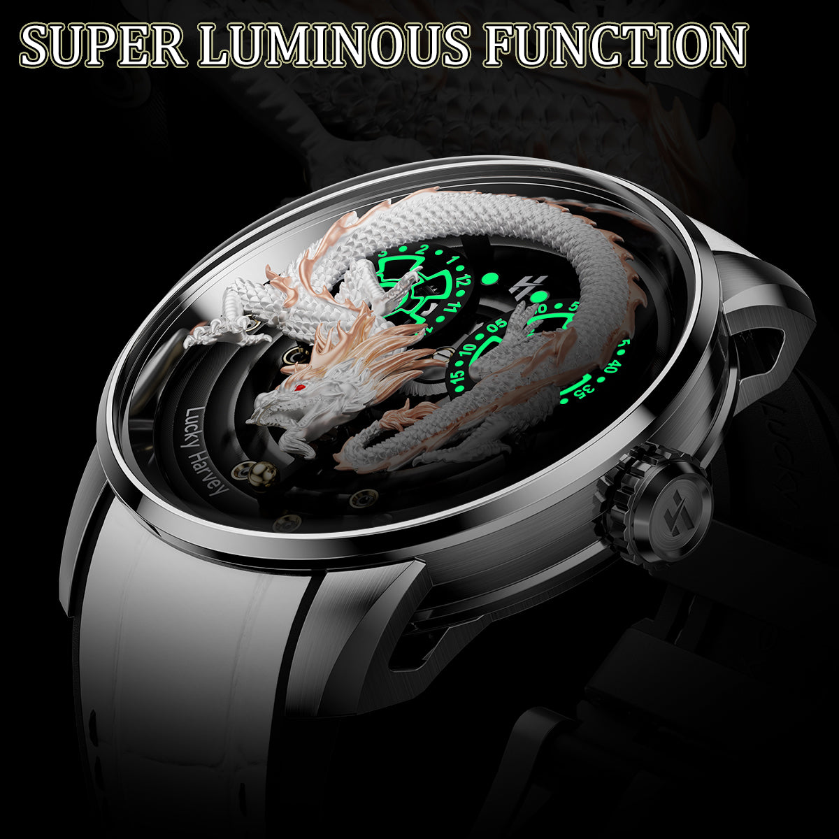 Lucky Harvey ZLS202-4 white dragon automatic watch glowing green super luminous in the dark