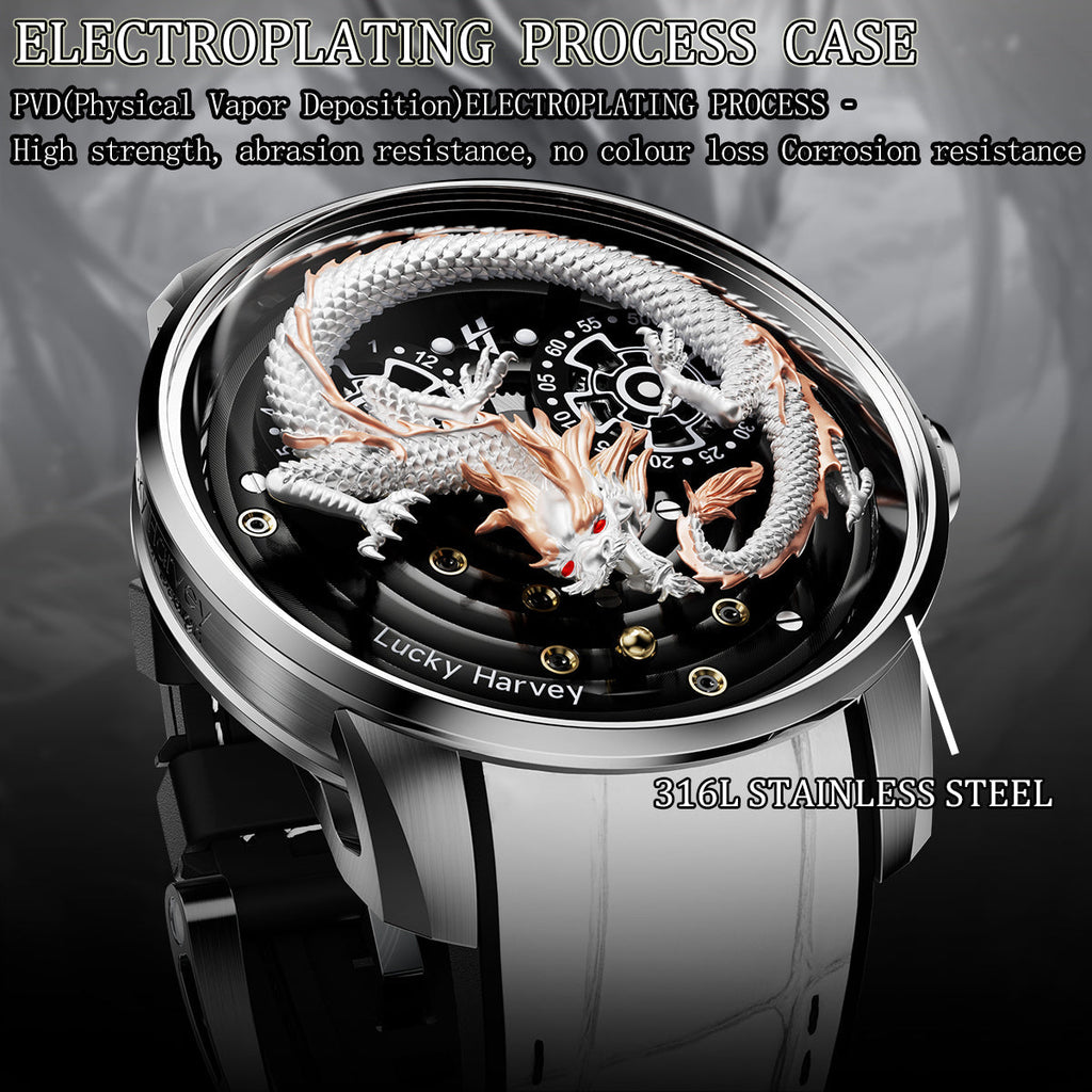 Lucky Harvey ZLS202-4 dragon watch side view showing 316L stainless steel PVD electroplated case