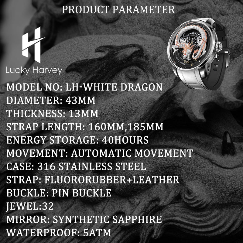 Lucky Harvey ZLS202-4 white dragon watch product parameter spec sheet with dimensions and movement details