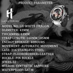 Lucky Harvey ZLS202-4 white dragon watch product parameter spec sheet with dimensions and movement details