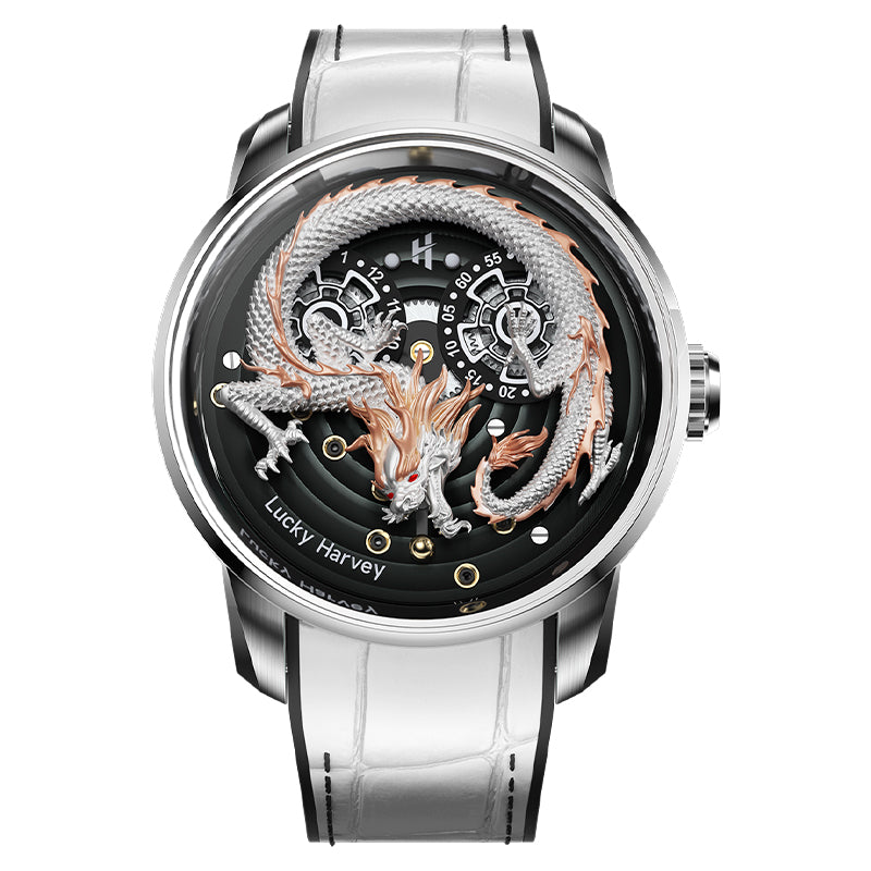 Lucky Harvey ZLS202-4 white dragon automatic watch with black dial, front view