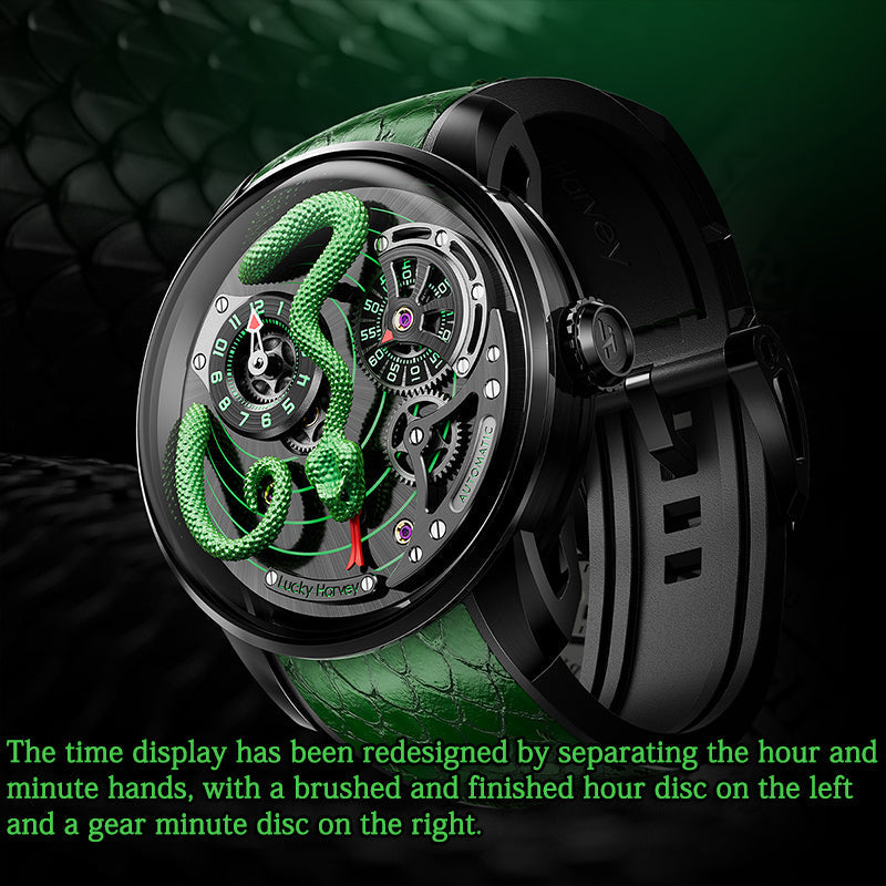 Lucky Harvey ZLS203-1 green snake automatic watch three-quarter side view showing dial and crown