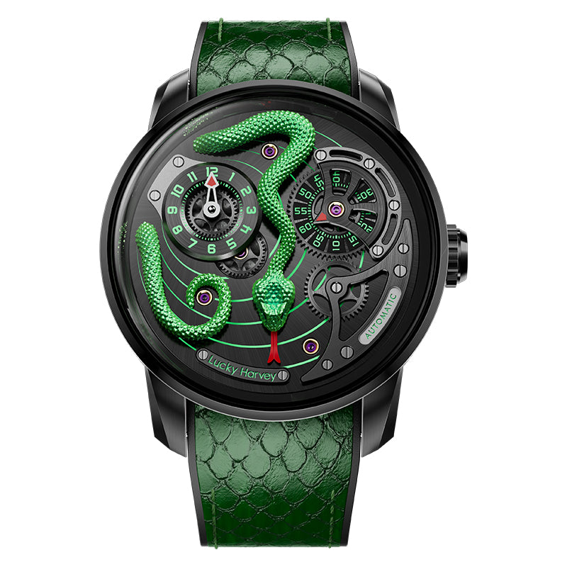 Lucky Harvey ZLS203-1 green snake automatic watch with skeleton dial, front view