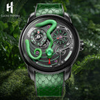 Lucky Harvey ZLS203-1 green snake automatic watch staged on moss and ferns with brand logo