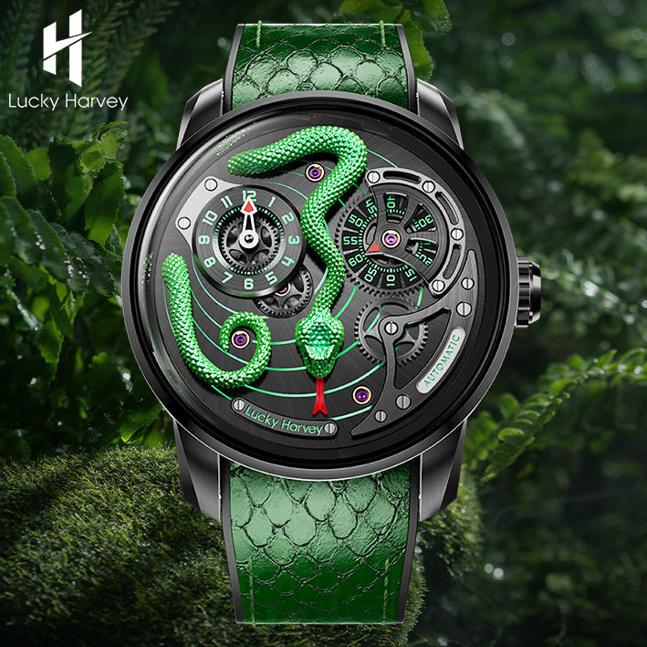Lucky Harvey ZLS203-1 green snake automatic watch staged on moss and ferns with brand logo