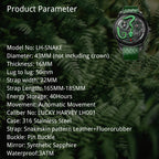 Lucky Harvey ZLS203-1 snake watch product parameter sheet with 43mm case and LH001 movement specs