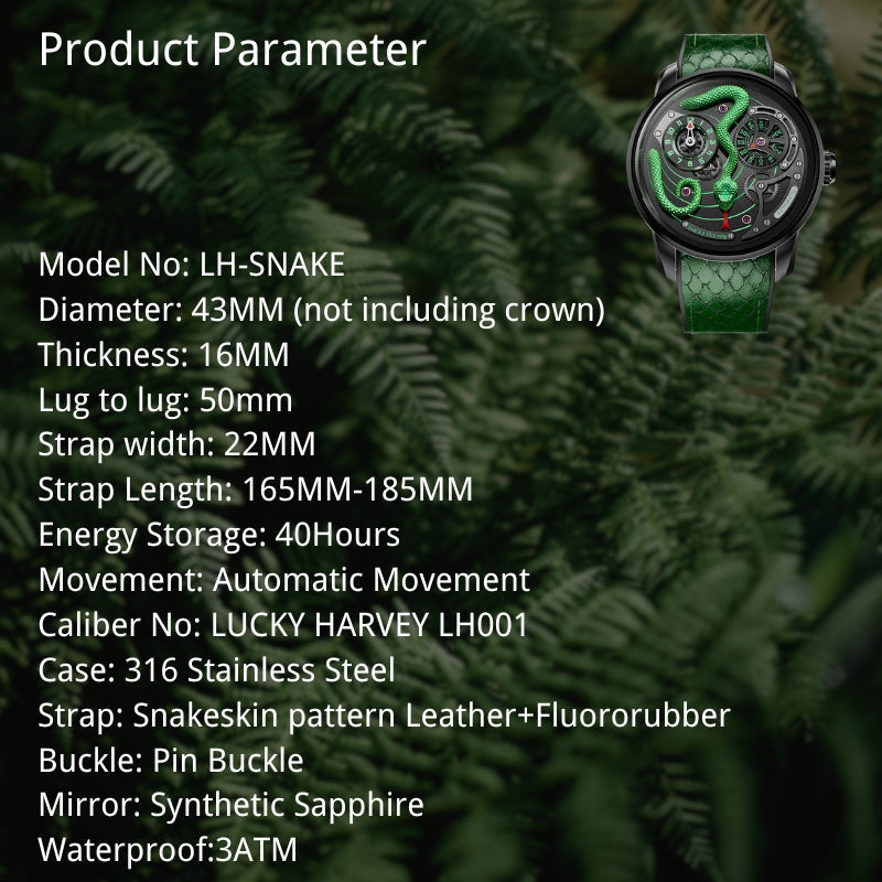 Lucky Harvey ZLS203-1 snake watch product parameter sheet with 43mm case and LH001 movement specs