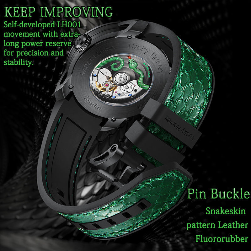 Lucky Harvey ZLS203-2 caseback with LH001 automatic movement and green snakeskin pin buckle strap