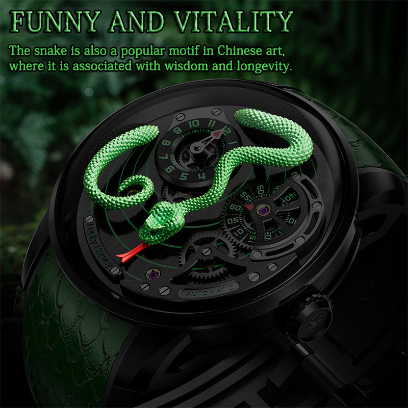 Lucky Harvey ZLS203-2 green snake automatic watch lifestyle scene with Funny And Vitality text