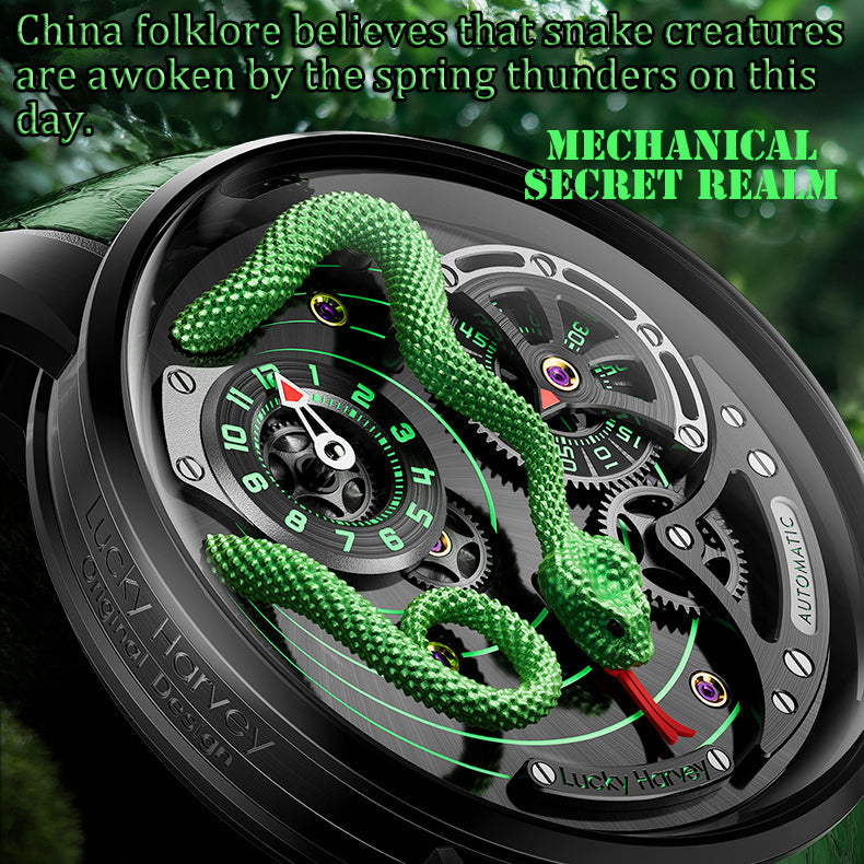 Lucky Harvey ZLS203-2 green snake automatic watch with Mechanical Secret Realm text overlay