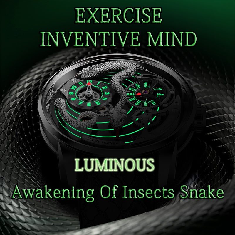Lucky Harvey ZLS203-2 snake automatic watch glowing green lume in the dark, luminous shot