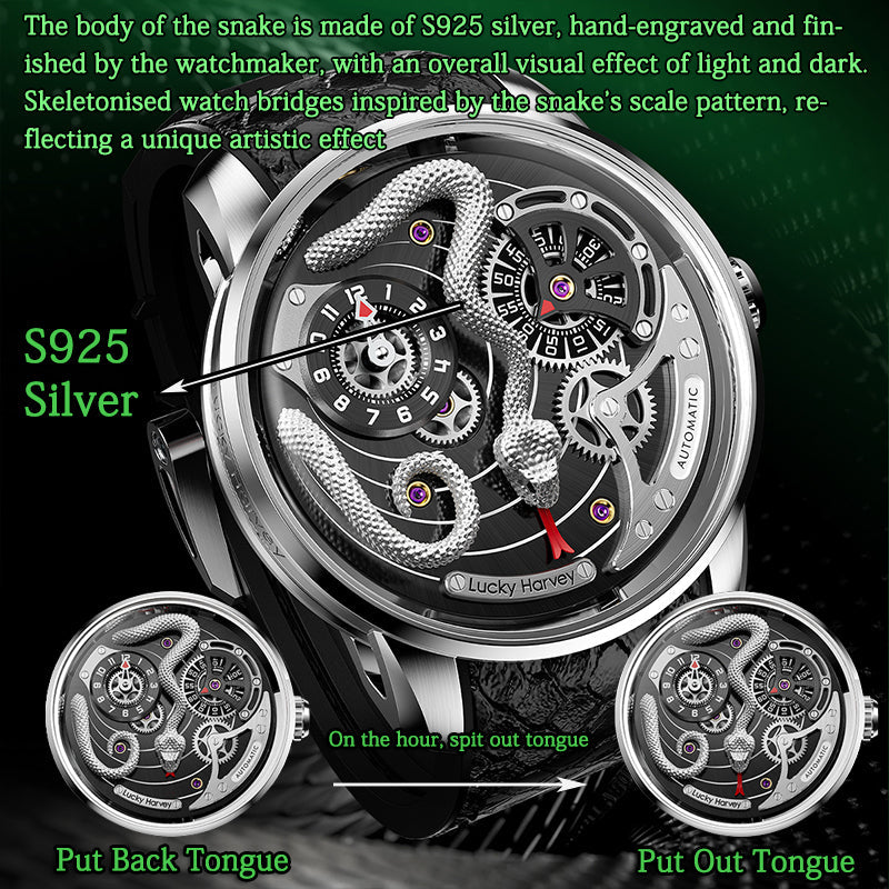 Lucky Harvey ZLS203-2 silver snake watch dial detail showing S925 hand-engraved snake and spit-out tongue