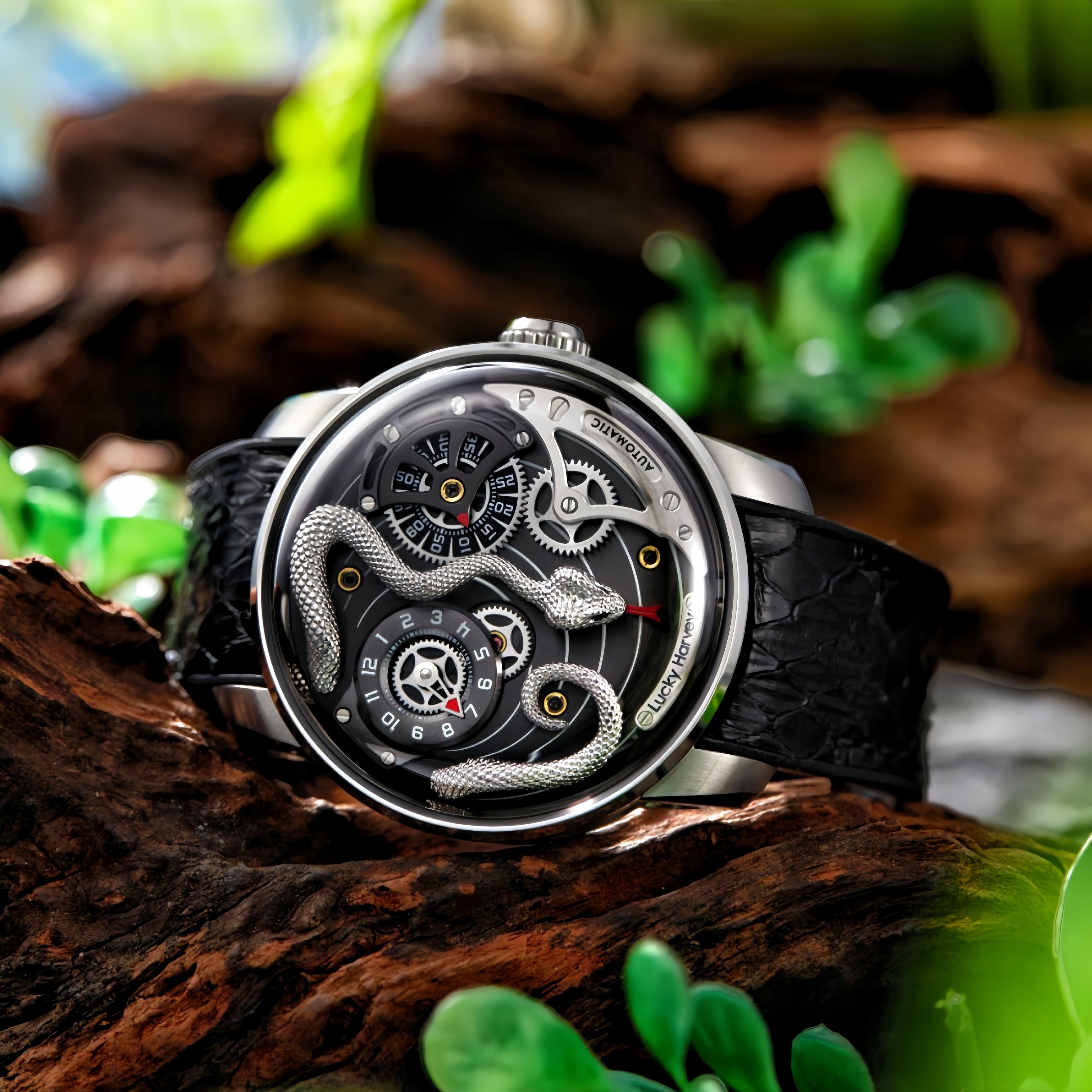 Lucky Harvey ZLS203-2 silver snake automatic watch resting on driftwood lifestyle scene