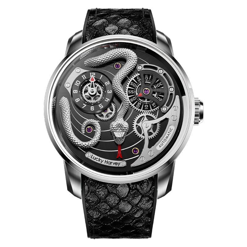 Lucky Harvey ZLS203-2 silver snake automatic watch with black dial, front view