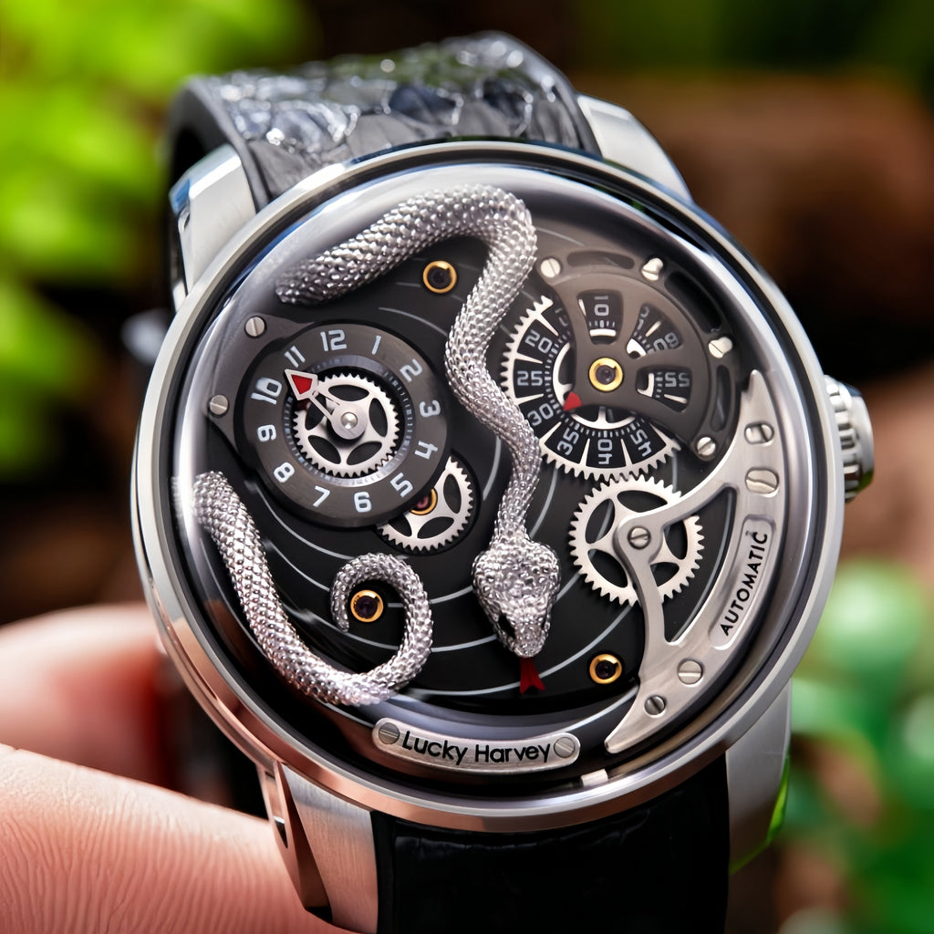 Lucky Harvey ZLS203-2 silver snake automatic watch held in hand lifestyle scene with greenery