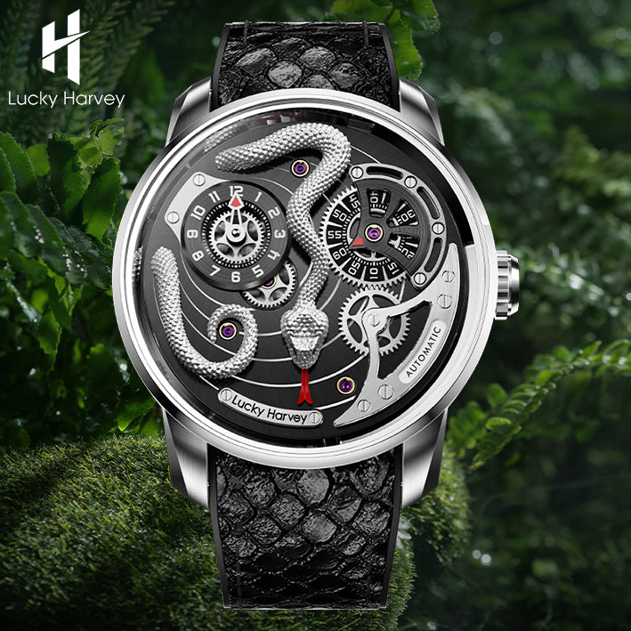 Lucky Harvey ZLS203-2 silver snake automatic watch with black dial, fern lifestyle scene
