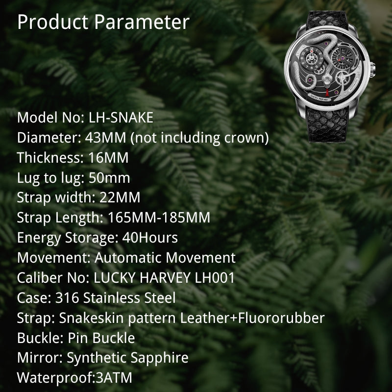Lucky Harvey ZLS203-2 silver snake automatic watch product parameter spec sheet
