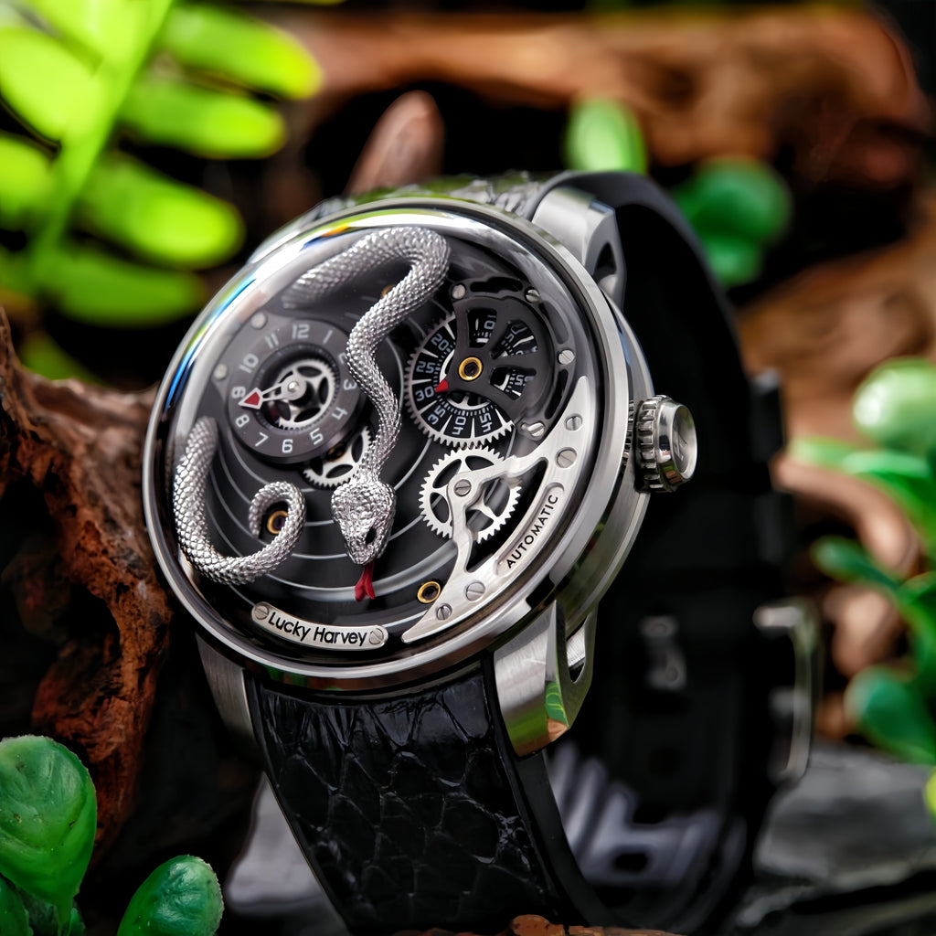 Lucky Harvey ZLS203-2 silver snake automatic watch lifestyle on wood with ferns and jade