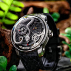 Lucky Harvey ZLS203-2 silver snake automatic watch lifestyle on wood with ferns and jade