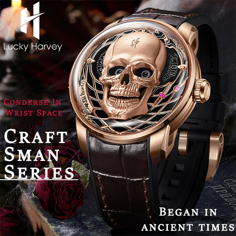Lucky Harvey ZLS204-2 skull automatic watch in Craftsman Series lifestyle scene with red rose