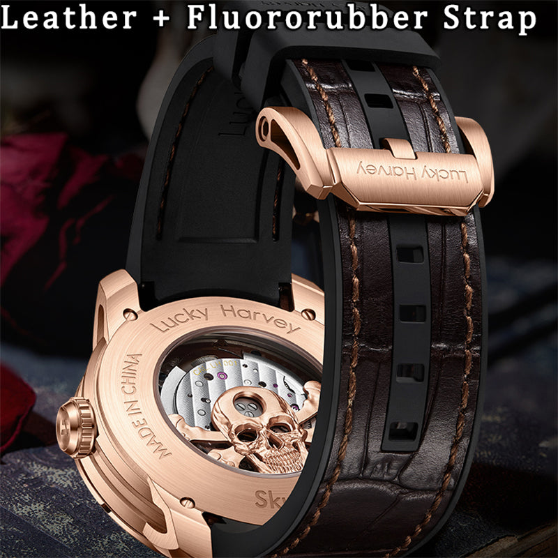 Lucky Harvey ZLS204-2 skull automatic watch leather and fluororubber strap with rose gold pin buckle clasp
