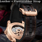 Lucky Harvey ZLS204-2 skull automatic watch leather and fluororubber strap with rose gold pin buckle clasp