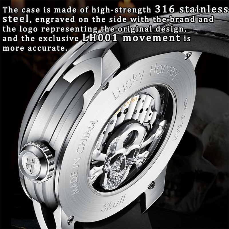 Lucky Harvey ZLS204-2 skull automatic watch caseback with exclusive LH001 movement and 316 stainless steel