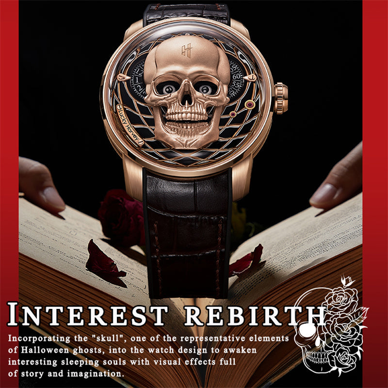 Lucky Harvey ZLS204-2 rose gold skull automatic watch staged on open book with red roses