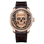 Lucky Harvey ZLS204-2 rose gold skull automatic watch with brown leather strap, front view