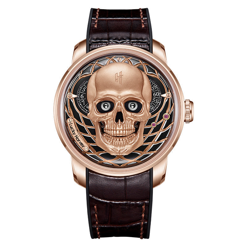 Lucky Harvey ZLS204-2 rose gold skull automatic watch with brown leather strap, front view