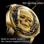 Lucky Harvey ZLS204-2 skull automatic watch close-up of 3D gold skull under convex sapphire crystal