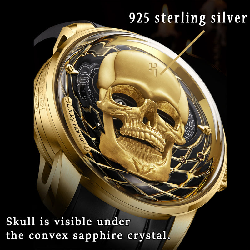 Lucky Harvey ZLS204-2 skull automatic watch close-up of 3D gold skull under convex sapphire crystal