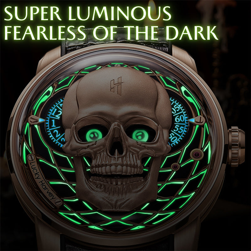 Lucky Harvey ZLS204-2 skull automatic watch glowing green in the dark with super luminous dial