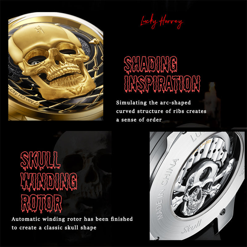 Lucky Harvey ZLS204-2 skull automatic watch dial detail and caseback featuring skull-shaped winding rotor