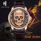 Lucky Harvey ZLS204-2 rose gold skull automatic watch in Skull Series lifestyle scene with flames