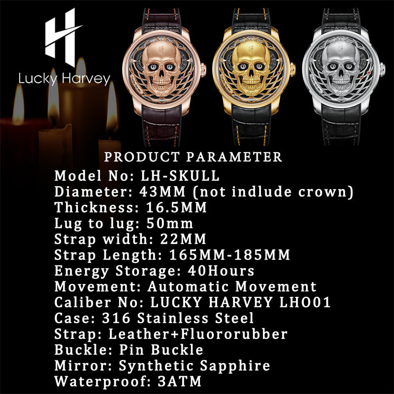 Lucky Harvey ZLS204-2 skull automatic watch product parameter specs sheet with three colorways
