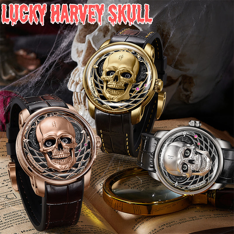 Lucky Harvey ZLS204-2 skull watch family showing rose gold, gold, and silver variants
