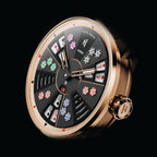 Lucky Harvey ZLS301-1 Three Card Poker watch close-up showing rose gold H logo crown