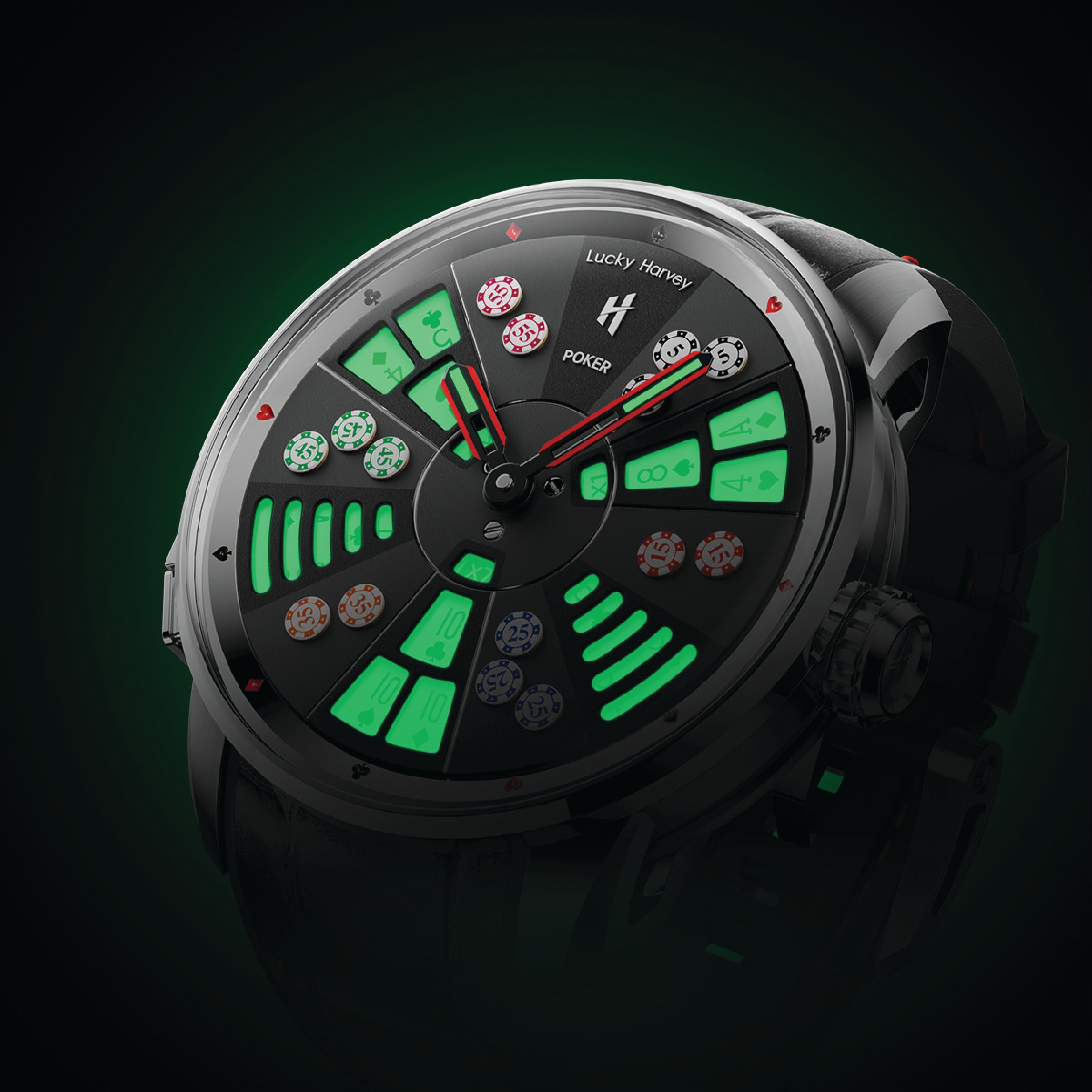 Lucky Harvey ZLS301-1 Three Card Poker watch lume shot glowing green in the dark