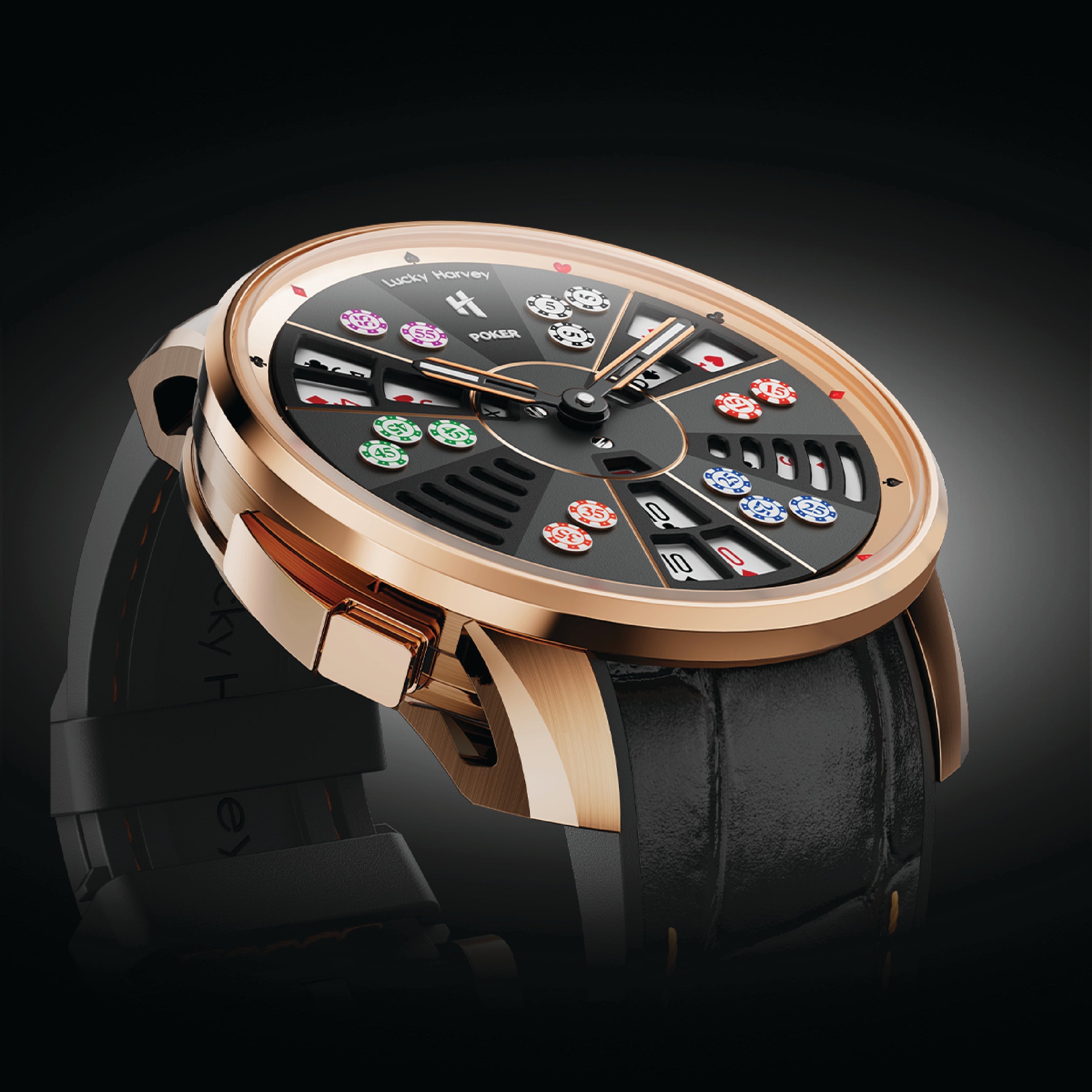 Lucky Harvey ZLS301-1 Three Card Poker rose gold watch, three-quarter side view on dark backdrop