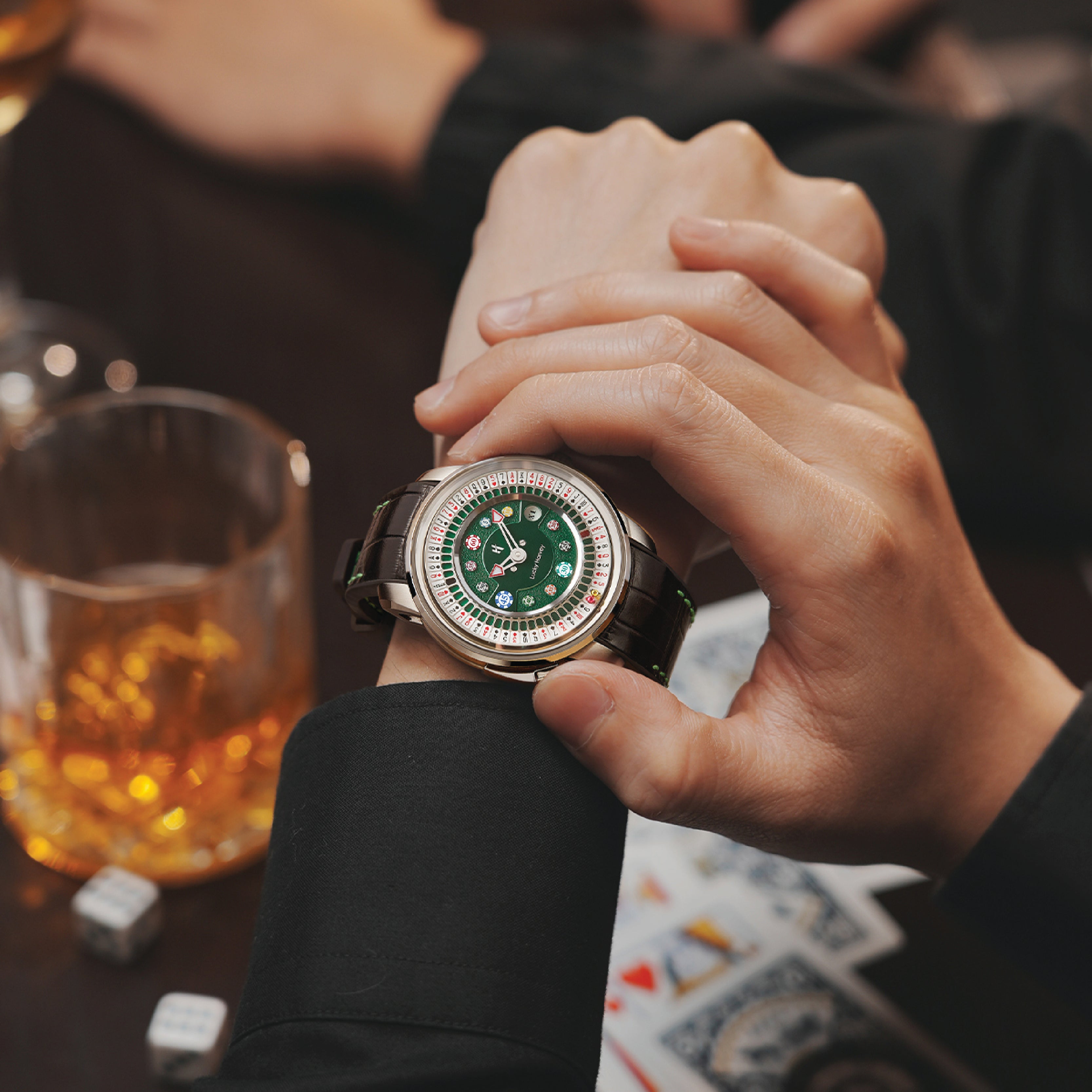 Lucky Harvey ZLS302-1 silver case green poker roulette automatic watch - caseback