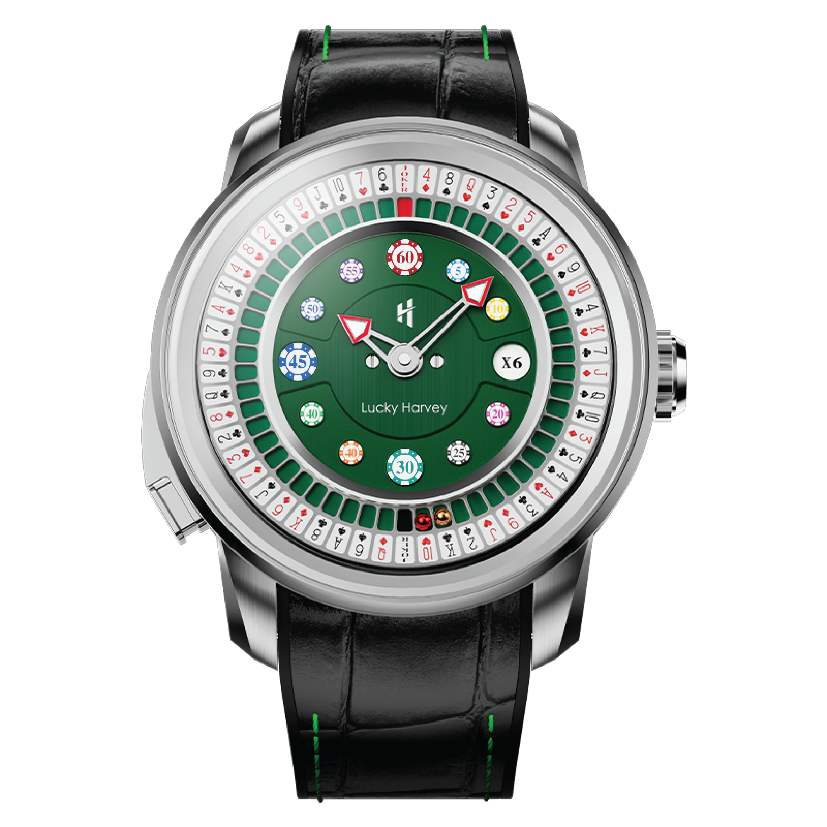 Lucky Harvey ZLS302-1 silver case green poker roulette automatic watch - front