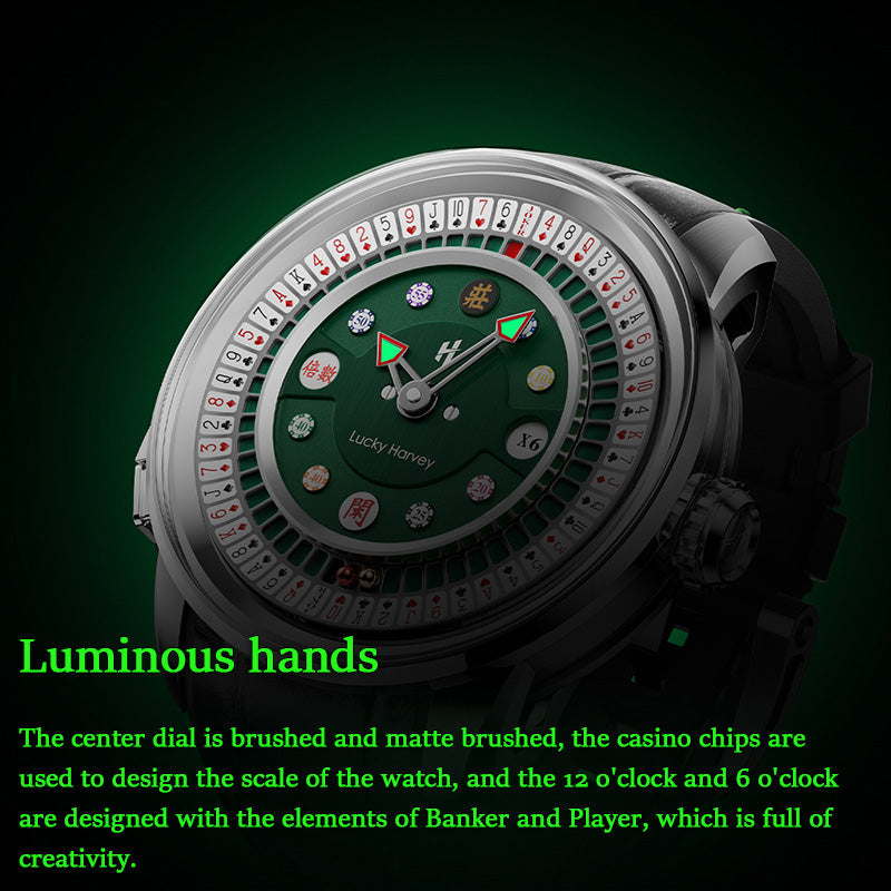Lucky Harvey ZLS302-2 silver case green dial poker roulette watch from a side angle highlighting luminous hands